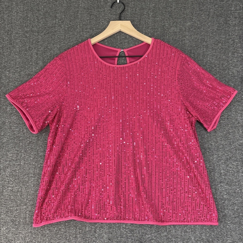 SHEIN Curve Fuchsia Pink Sequin Mesh Lined Round Neck Short Sleeve Blouse 0XL
